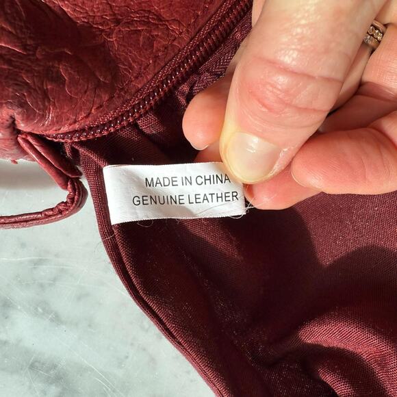 Vintage Genuine Leather Embossed Floral Crossbody Bag Burgundy Red - Picture 8 of 8